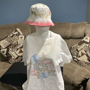 Authentic Casablanca Men White Pink Denim Ping Pong  Bucket Hat and tee shirt